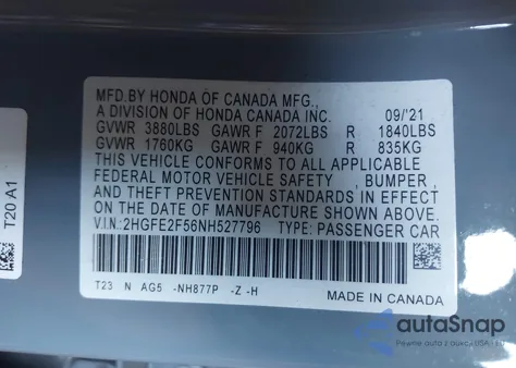 2022 Honda Civic Sport from USA, damaged, VIN 2HGFE2F56NH527796